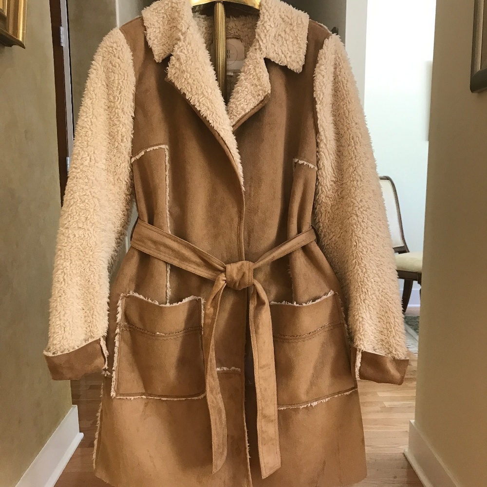 Anthropologie Tan and Cream Shearling-Trim Belted Coat